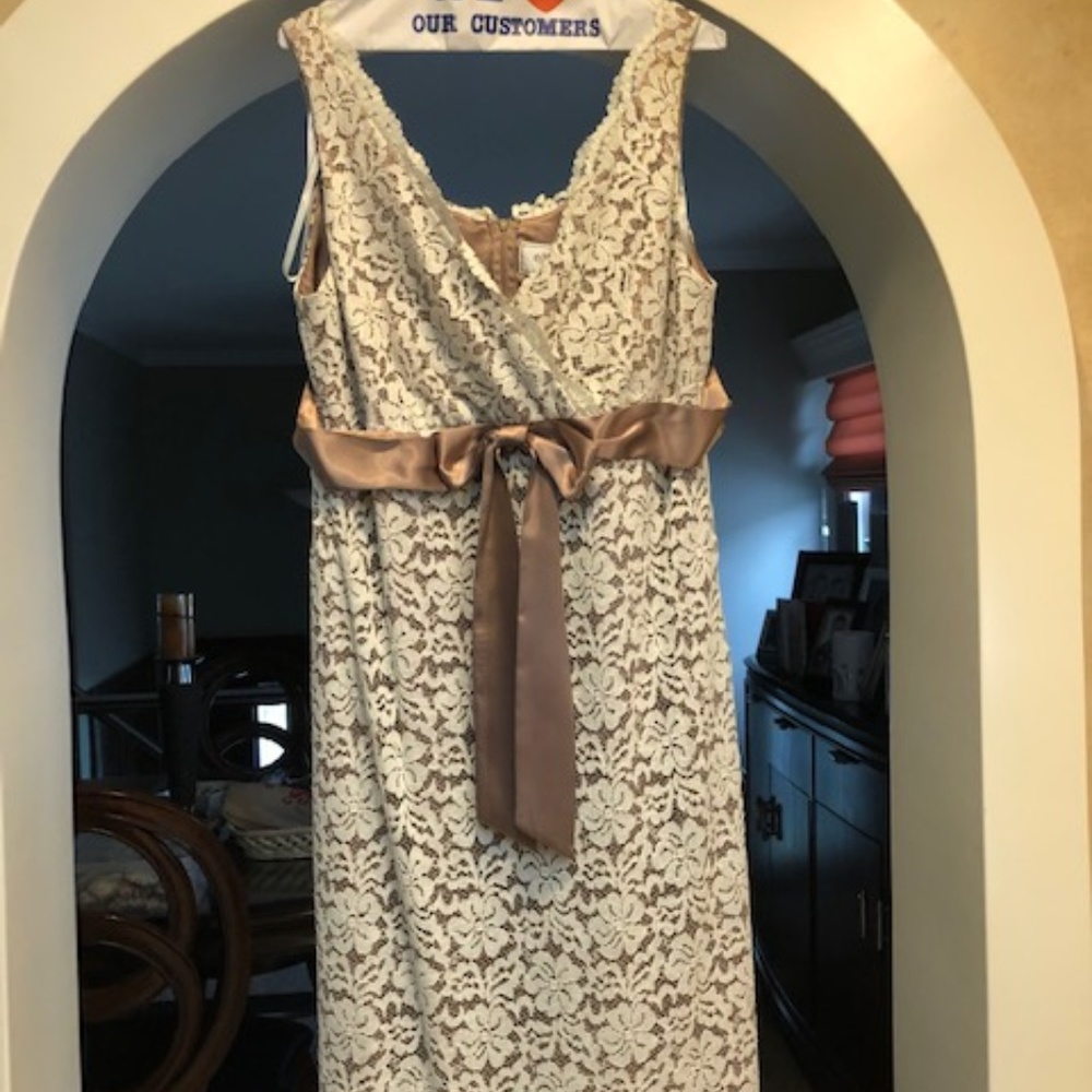 Eliza J Dress Ivory Lace Overlay Bronze Bow